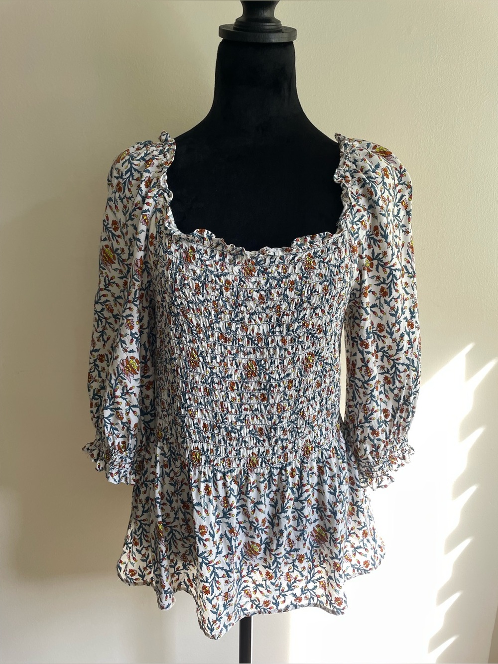 Max Studio XL Floral Smocked Peplum Blouse Boho Cottagecore Puff Sleeve